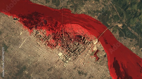 city flood aerial view red water