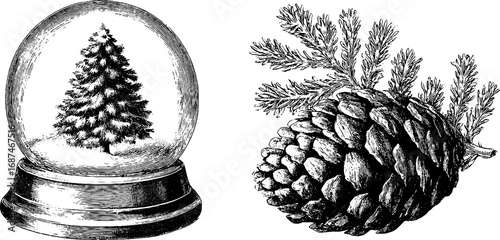 Vintage engraved snow globe and pine cone illustration set for holiday decor and design