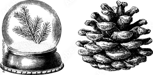 Vintage hand drawn engraving of snow globe and fir cone collection for holiday decor