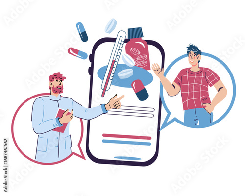 Telemedicine and online medical consultation banner, flat vector illustration isolated on white. Ask doctor online medical service.
