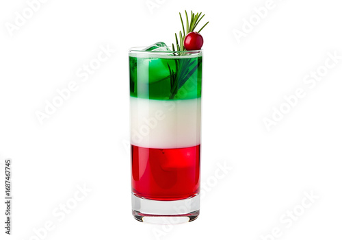 Wallpaper Mural A layered cocktail, vibrant with green, white, and red jellies, garnished with rosemary sprigs and a cranberry, presented against a black backdrop. Torontodigital.ca