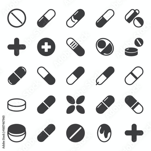 Collection of medical pill and capsule icons in a grid layout