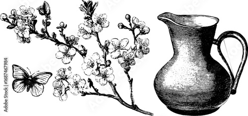 Engraved collection of spring blossom branch with butterfly and pitcher for retro design