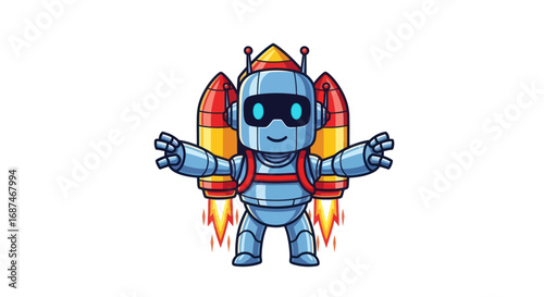 Cartoon Robot with Rocket Pack and Antennae Ready for Takeoff.