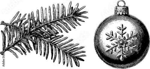 Vintage christmas spruce twig and bauble engraving illustration set for holiday decoration design