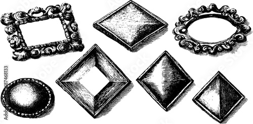 Vintage engraved illustration set of ornate square and diamond shapes for design