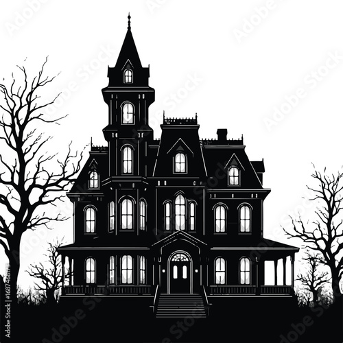 Silhouette of a spooky victorian haunted mansion isolated on white background