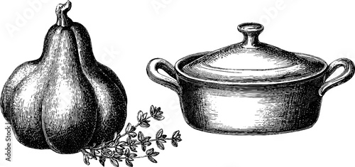 Vintage engraved illustration set featuring squash and casserole for culinary designs