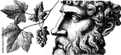 Engraved collection of classical statue head and vine leaves