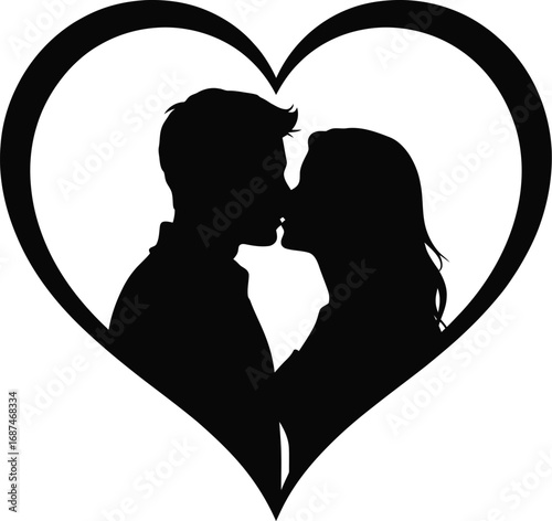 Couple kissing inside heart silhouette love