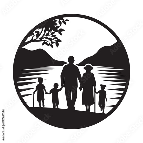 grandparents with kids vector silhouette clipart logo design illustration