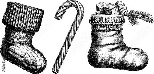 Vintage christmas stocking and candy cane illustration set for holiday design