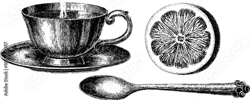 Vintage engraved illustration set of steaming tea cup with spoon and citrus slice