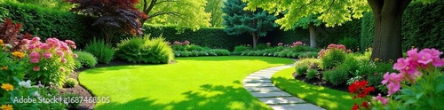 Serene backyard oasis featuring lush green lawn, vibrant flowerbeds, mature trees, and a charming stone pathway Perfect for relaxation and outdoor enjoyment , stone, landscape design, botany