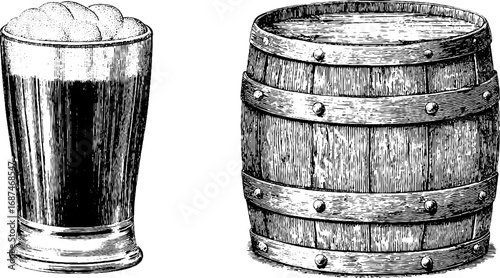 Vintage engraved illustration set of stout pint and foam with wooden barrel