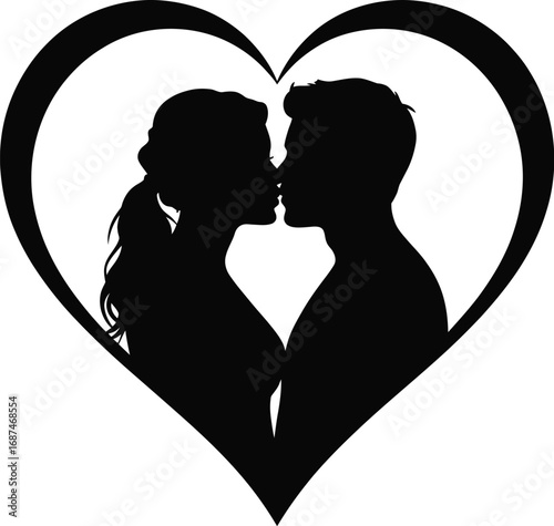 Couple kissing inside heart silhouette love