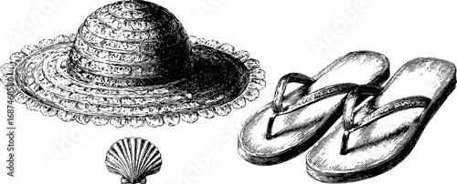 Vintage collection of engraved straw hat, seashell, and flip-flops for retro summer designs
