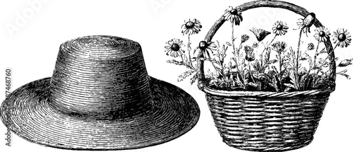 Vintage engraved illustration set of sun hat and flower market basket for retro design