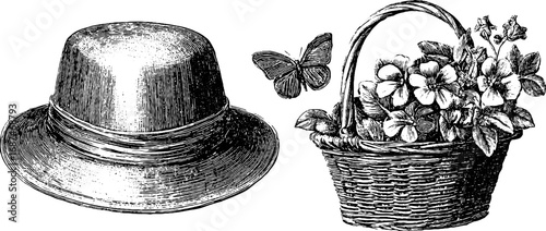 Vintage engraved collection of sun hat and wildflower basket - retro fashion and nature sketch