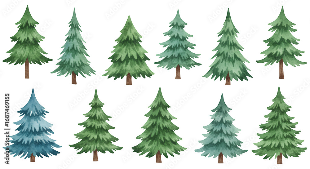 Obraz premium watercolor set of Christmas trees on transparent background