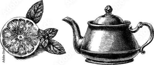 Vintage engraved illustration set of teapot and lemon slice for culinary design