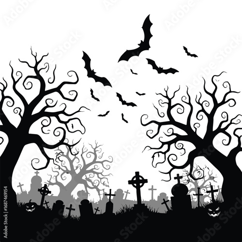 Halloween graveyard with spooky trees and bats flying at night