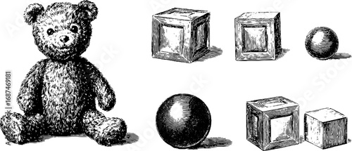 Teddy bear with toy blocks design, engraved illustration set in vintage sketch hand drawn style.
