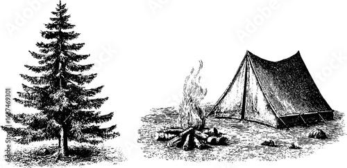 Vintage camping and nature scene with tent, pine tree, and campfire