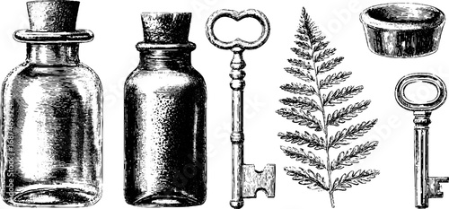 Engraved illustration set with tincture bottle and key, vintage sketch hand drawn design.
