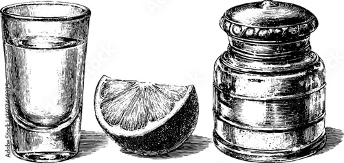 Engraved tequila shot glass with salt shaker and lime slice for vintage bar decor