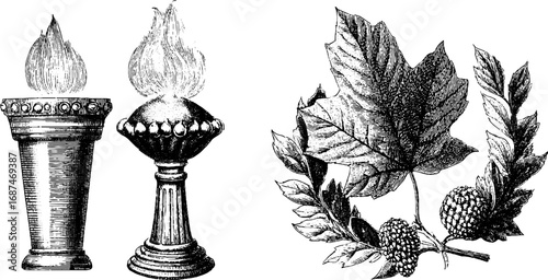 Engraved illustration set of torch flame and laurel leaves for decorative design