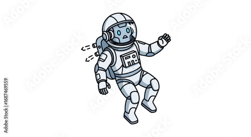 Cartoon Astronaut Floating in Space with Jetpack.