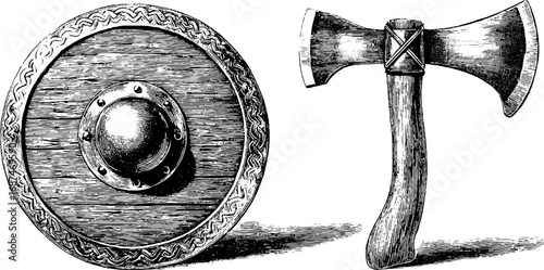Engraved illustration set featuring viking shield and axe for historical design