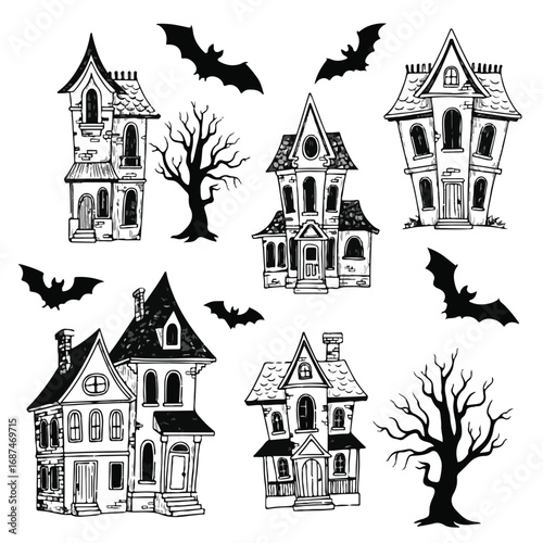 Collection of spooky haunted houses and bats isolated on white background
