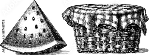 Vintage engraved watermelon slice and covered basket illustration for retro design