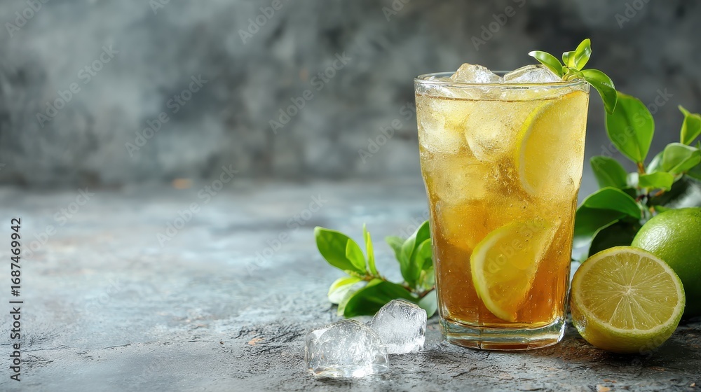 Fototapeta premium iced lemonade or lemon cocktail takeaway iced tea portion on the table for healthy meal snack outdoor top view copy space for text food background rustic image keto or paleo diet no logos no brands a