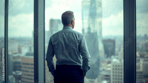 The Worried Boss. middle-aged male manager is standing alone in his office, looking out a large window at a cityscape. His hands are in his pockets, and his shoulders are slumped. 