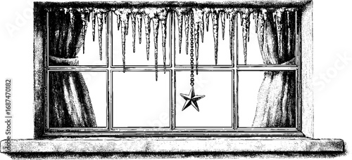 Vintage engraved illustration of window frame with icicles and star pendant for winter decor