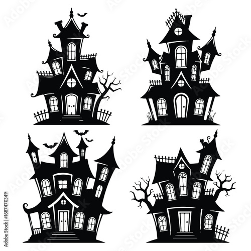 Set of four black haunted houses isolated on white background