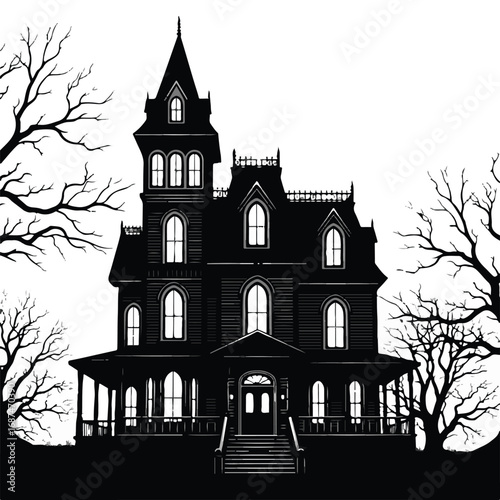 Silhouette of a spooky haunted victorian mansion isolated on white background