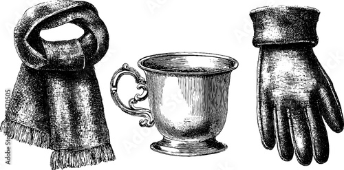 Vintage set of wool scarf, cup, and mitt glove engraving for winter design