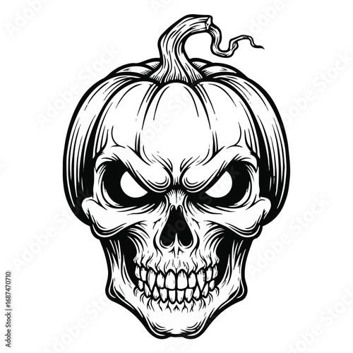 Scary skull pumpkin face illustration isolated on white background