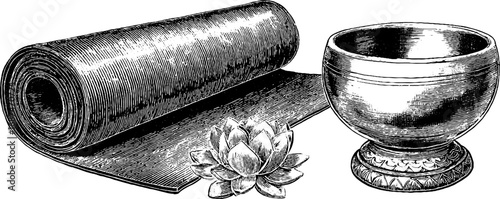 Engraved yoga set with mat, lotus, and bowl for meditation and wellness design