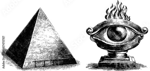 Mystical esotericism set with engraved pyramid and flaming eye for spiritual design