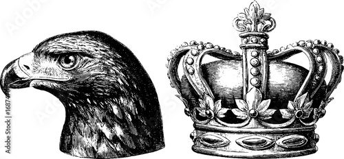Medieval falconry court engraved illustrations set featuring falcon and crown designs