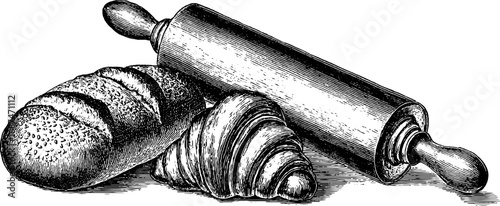 French bakery delights: engraved illustrations of baguette, croissant, and rolling pin for culinary design