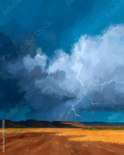 Dramatic storm clouds with lightning over golden wheat field landscape
