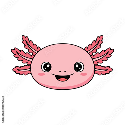 Cute axolotl with pink skin and feathery gills swimming in a playful underwater scene, flat vector illustration