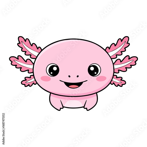 Cute axolotl with pink skin and feathery gills swimming in a playful underwater scene, flat vector illustration
