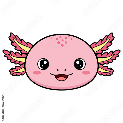 Cute axolotl with pink skin and feathery gills swimming in a playful underwater scene, flat vector illustration